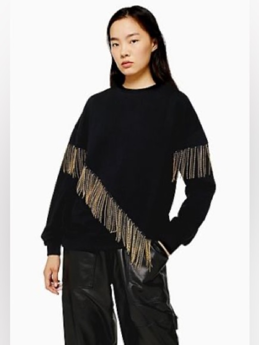 Topshop Black Crewneck Sweater with Gold diamond Fringe Details